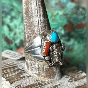 NWT Navajo Handmade Grace Smith Coral and Turquoise Buffalo Ring